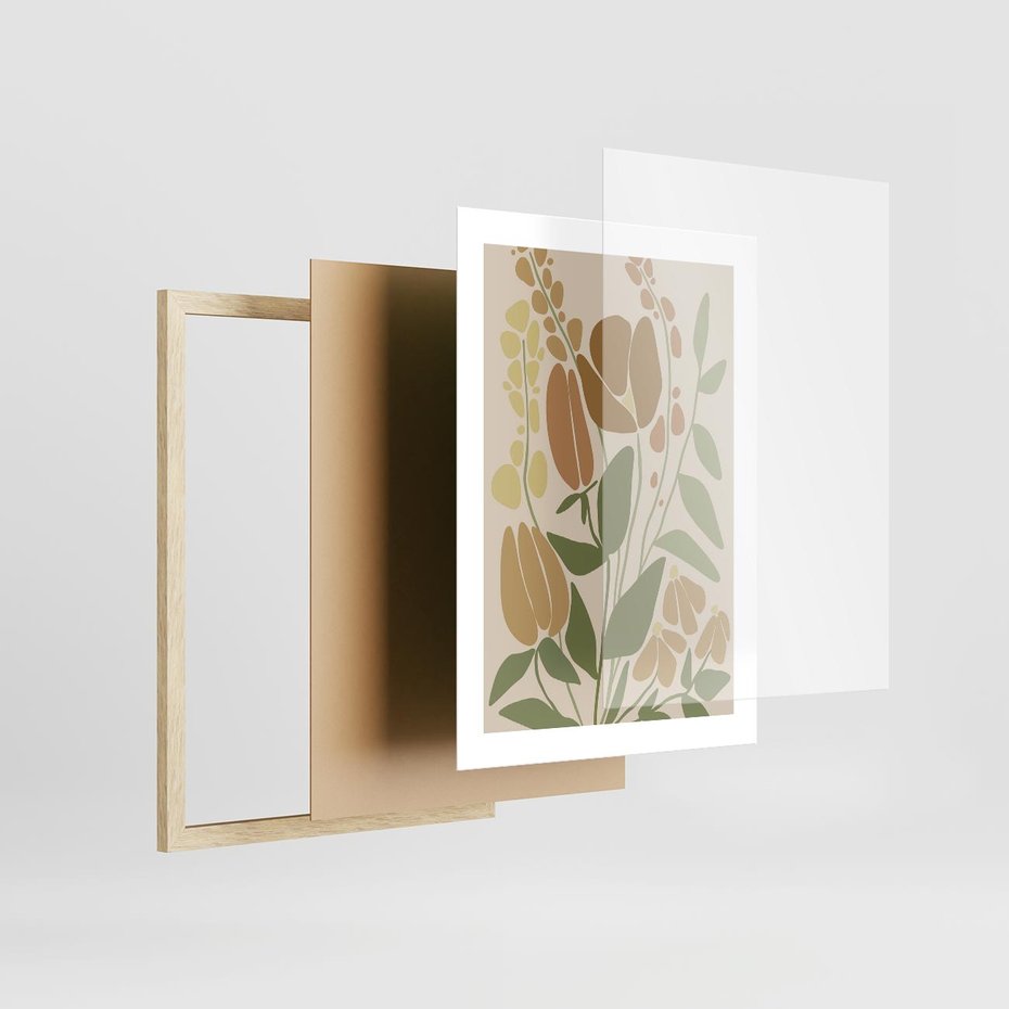 Plakat w ramie 30x40 - Beżowo i Roślinnie - nowoczesny plakat, roślinność - rama drewno