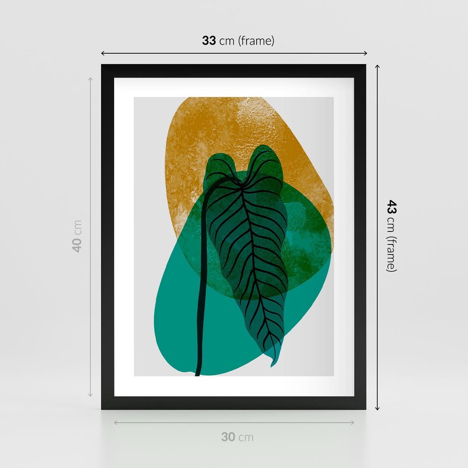 Plakat w ramie 30x40 - Zielony Liść ze Złotą Plamą - zielony liść, złota plama - rama czarna