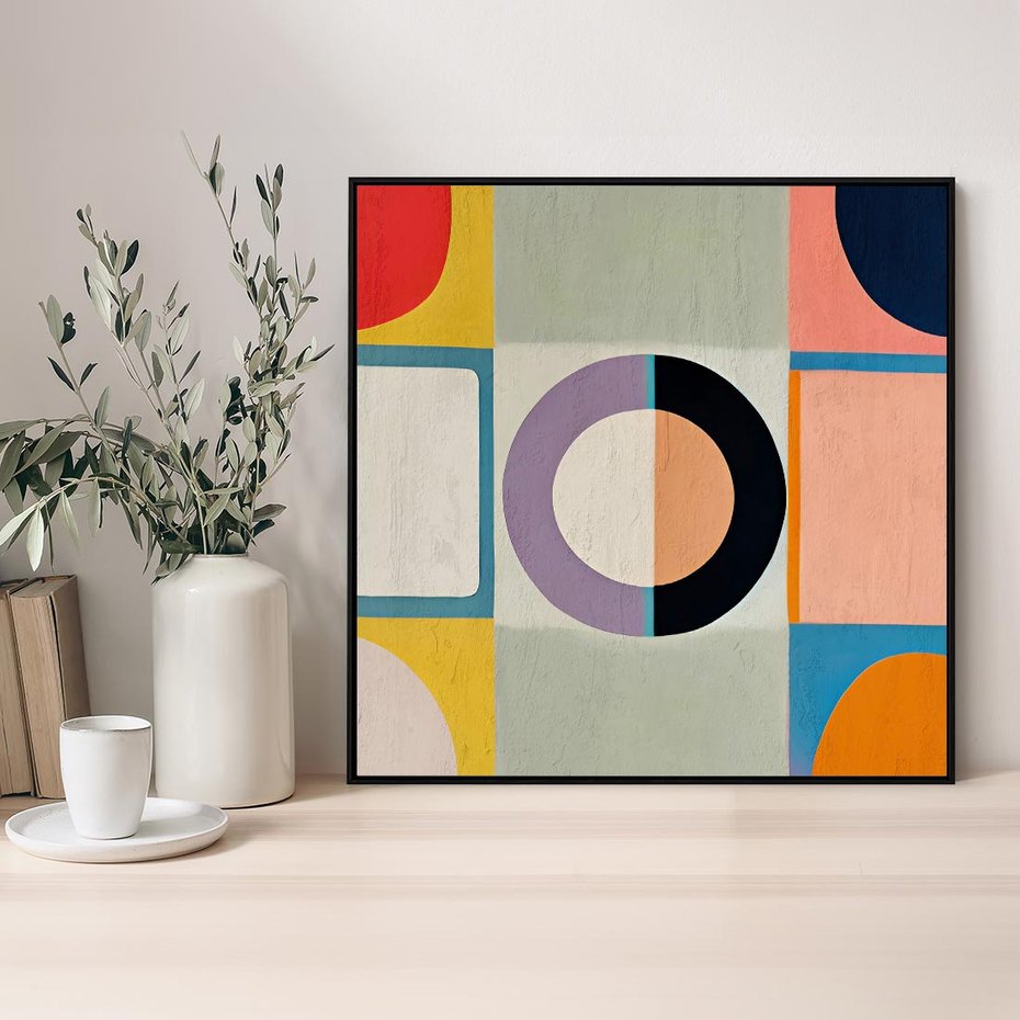 Obraz w ramie 50x50 - Taniec Kształtów Emocji - abstrakcyjne geometryczne kształty, olejny obraz - rama czarna