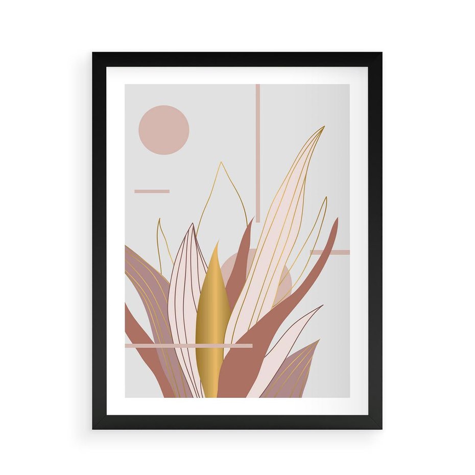 Plakat w ramie 50x70 - Złota Grafika Liści: Wyjątkowa Dekoracja - liście, złoto - rama czarna
