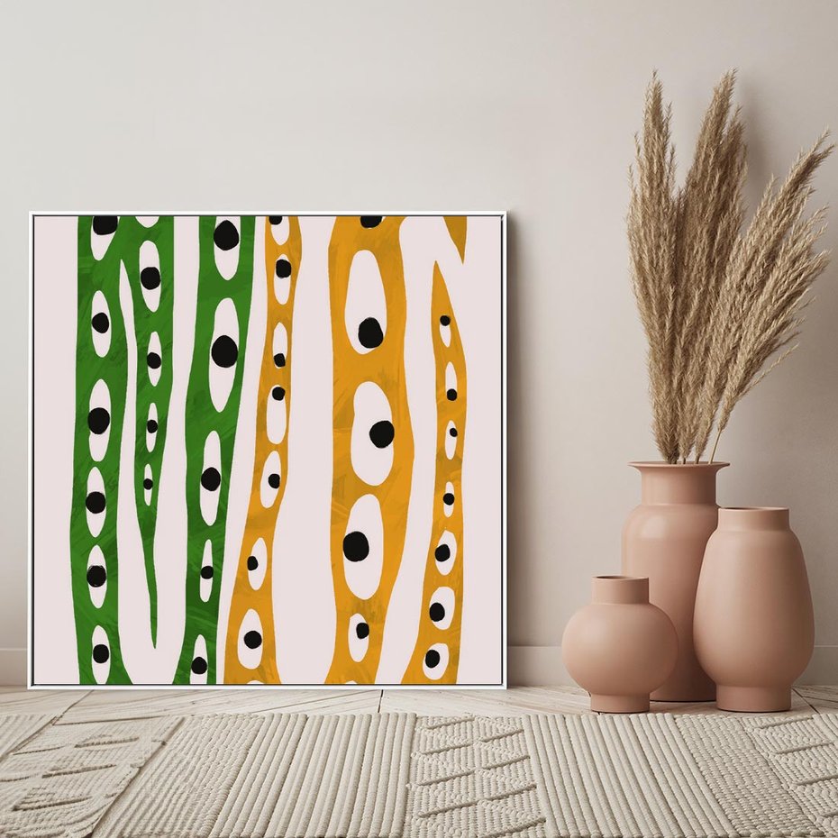 Obraz w ramie 50x50 - Migocące Zmaganie - abstrakcyjny obraz, dziwne kształty - rama biała