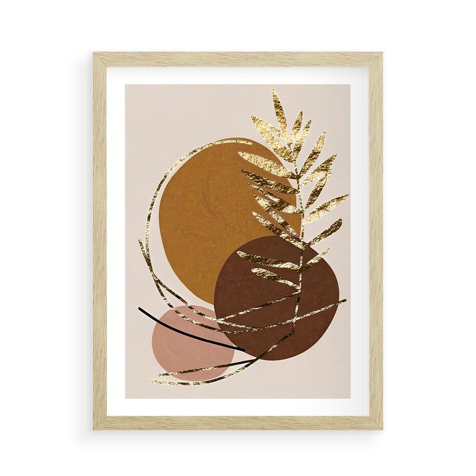 Plakat w ramie 50x70 - Taniec Przenikających Odbić - abstrakcyjny obraz, złote liście palmy - rama drewno