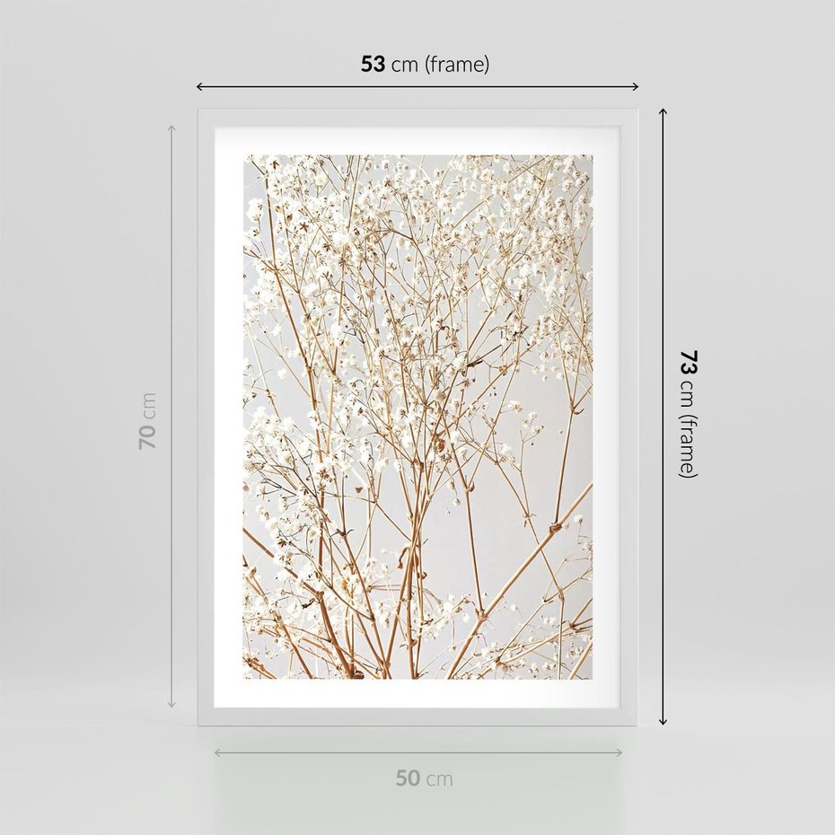 Plakat w ramie 50x70 - Minimalistyczna Delikatność - białe kwiaty, gipsówka - rama biała