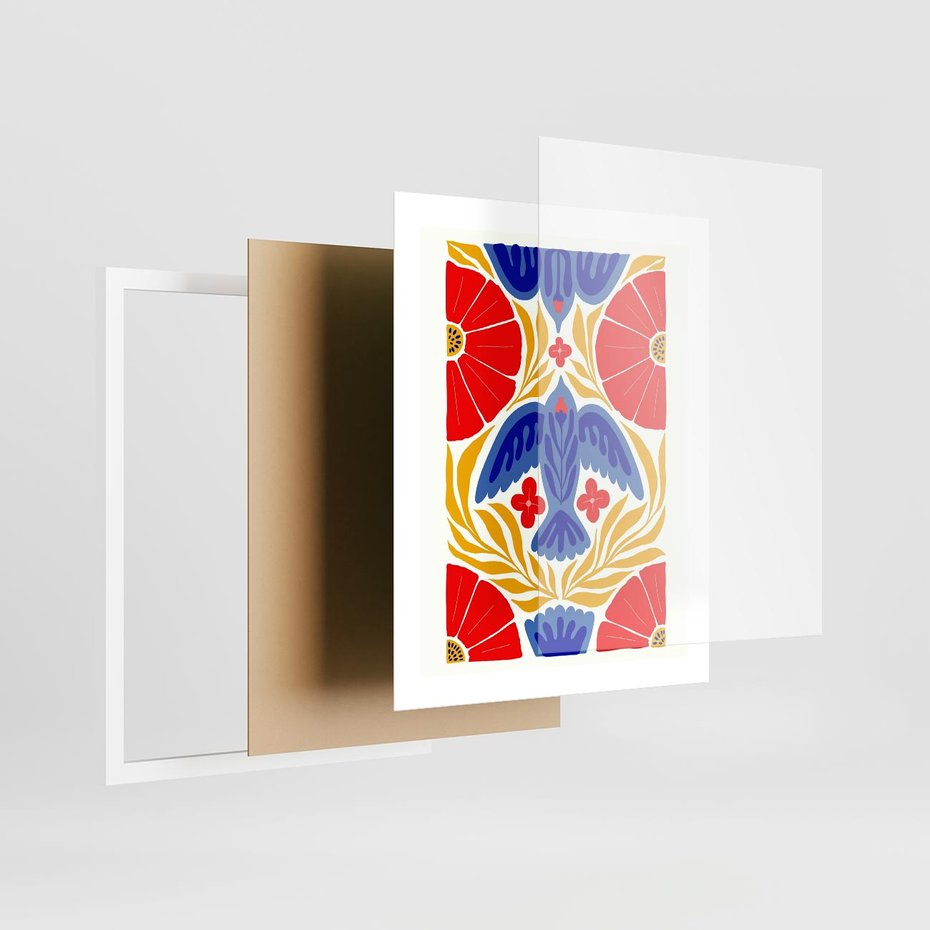 Plakat w ramie 40x50 - Eklektyczny Majestat - wyrazista grafika, mocne kolory czerwień niebieski żółty - rama biała