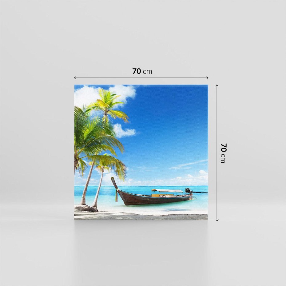 Obraz na płótnie 70x70 - Sielska plaża z łodzią na morzu - plaża, morze