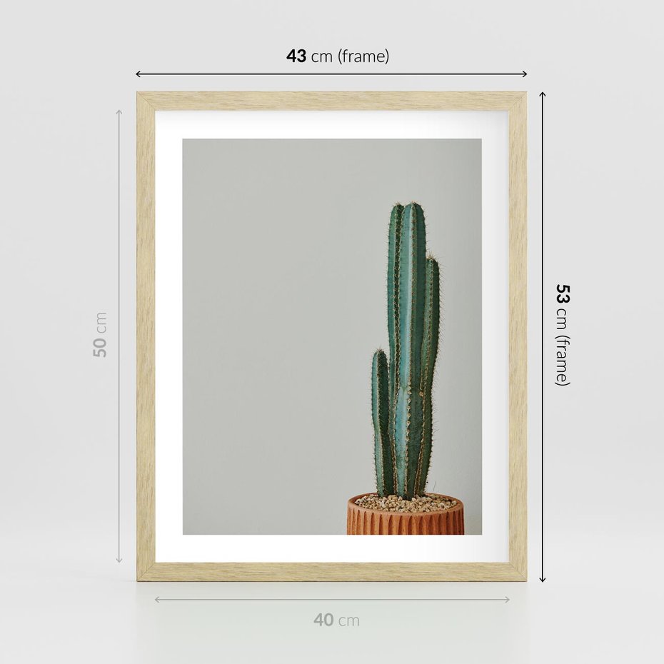 Plakat w ramie 40x50 - Zieleń i Subtelność - kaktusy, liście - rama drewno