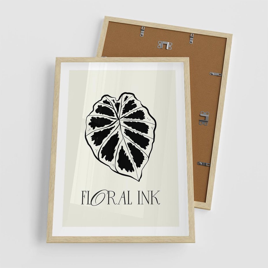 Plakat w ramie 50x70 - Zapisane na liściach wspomnienia - liść, czarny kontur na jasnym tle - rama drewno