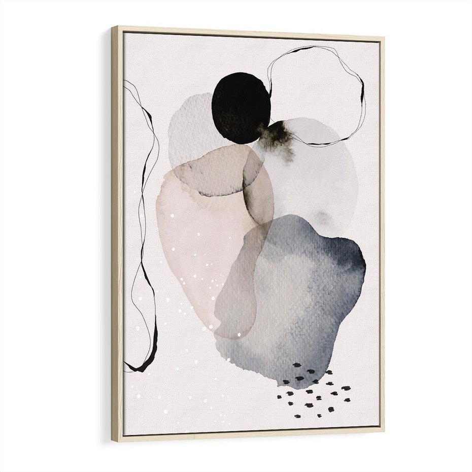 Obraz w ramie 70x100 - Migocące Barwy - abstrakcyjne plamy akwarelowe, czarny szkic - rama drewno