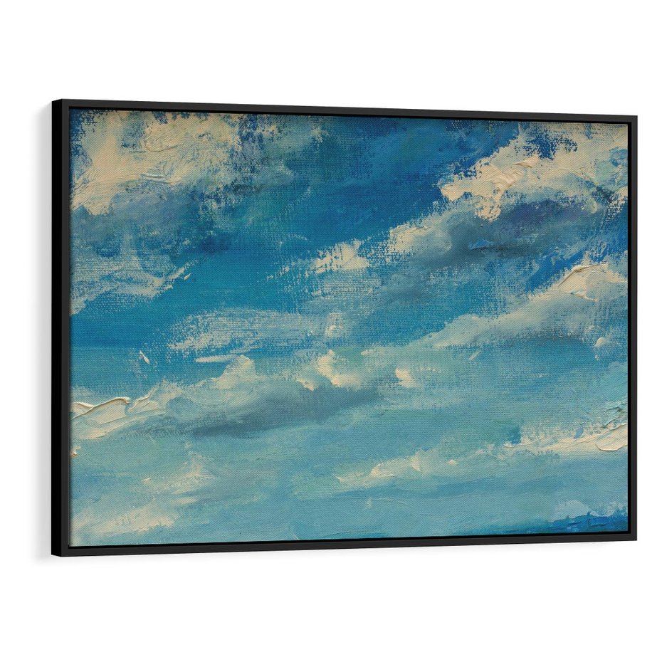 Obraz w ramie 100x70 - Oddechy niebiańskiej materii - olejny obraz, smugi farby przypominają obłoki na błękitnym niebie - rama czarna