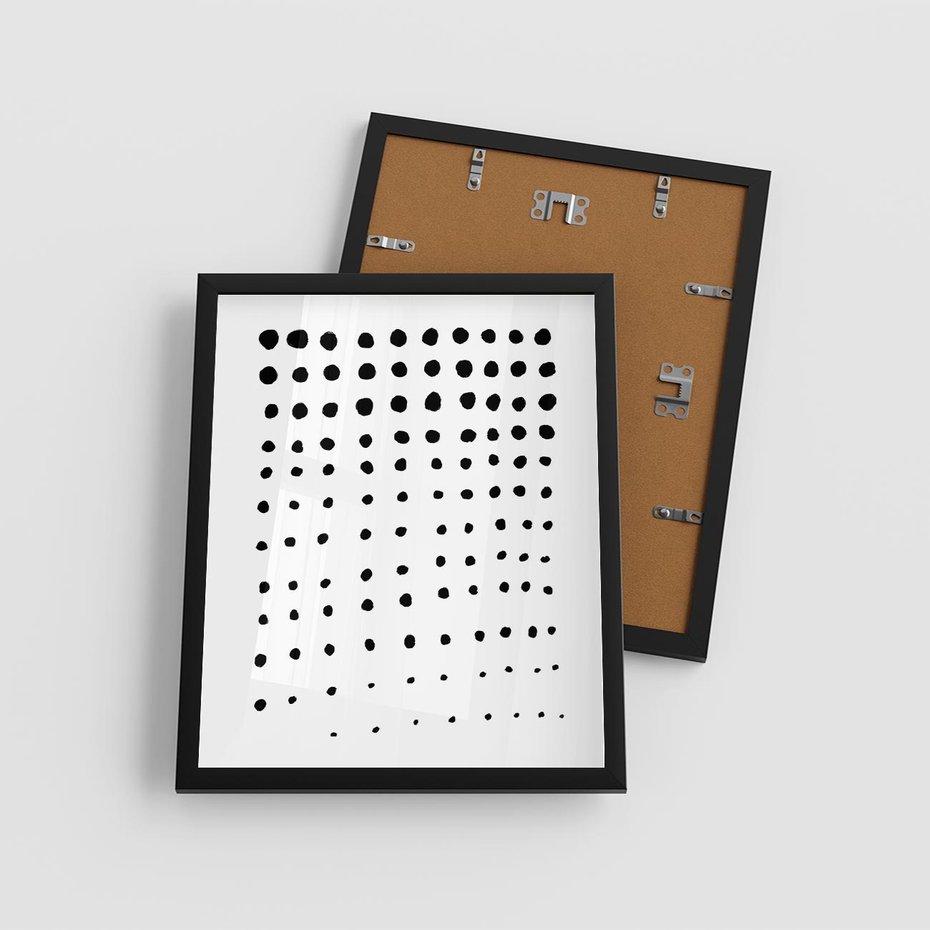 Plakat w ramie 40x50 - Abstrakcyjna Transformacja - abstrakcyjna kompozycja z czarnych kropek, minimalistyczny czarno bialy plakat - rama czarna