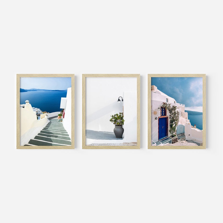 Zestaw obrazy w ramie 30x40 galeria - Santorini, białe, domki, morze - rama drewno