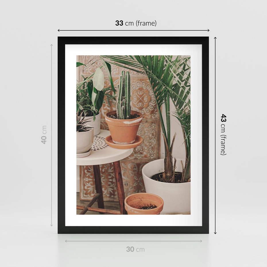 Plakat w ramie 30x40 - Boho Oaza: Kaktusy w Doniczkach - rośliny kaktusy w doniczkach, boho wnętrze - rama czarna