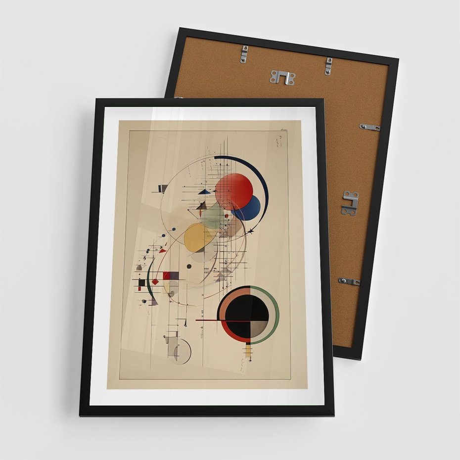 Plakat w ramie 50x70 - Impulsy Wydobyte z Cienia - abstrakcyjna geometryczna kompozycja, koła linie - rama czarna