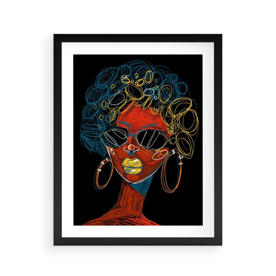 Plakat w ramie 40x50 - Kolorowe Wibracje Rzeczywistości - abstrakcyjny portret kobiety, twarz - rama czarna