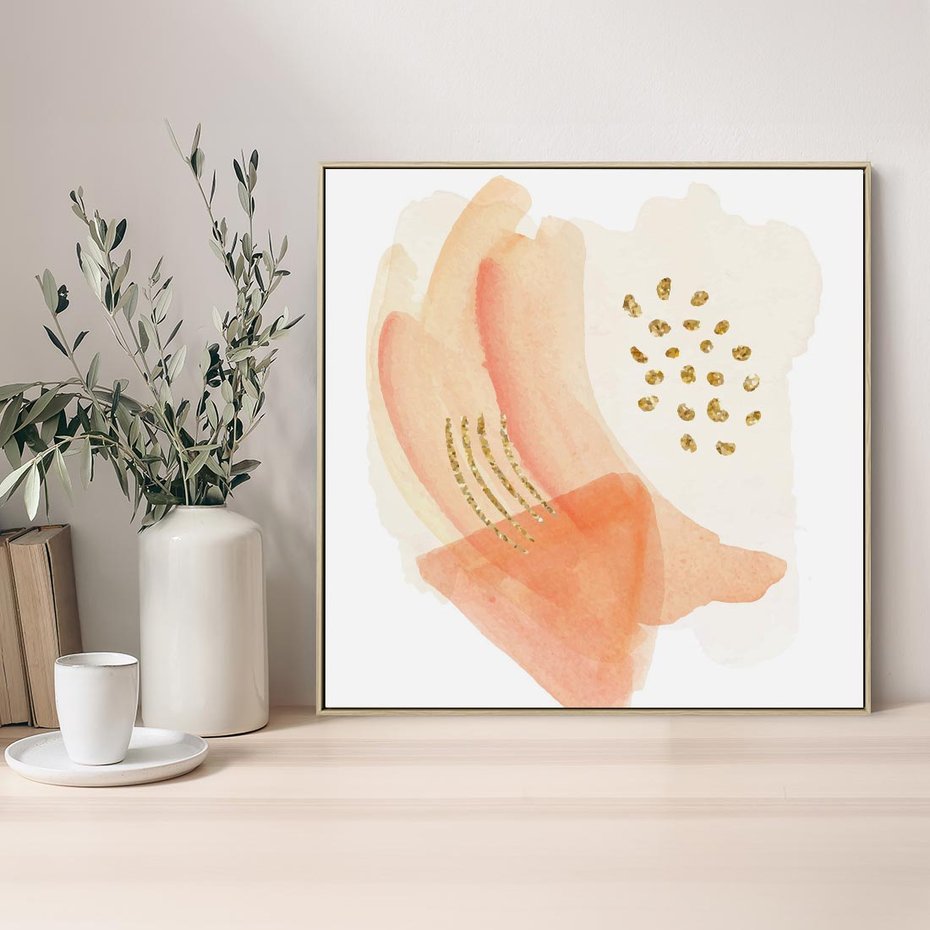 Obraz w ramie 50x50 - Rozkwitające Odbicia Form - abstrakcyjne akwarelowe plamy, minimalizm - rama drewno