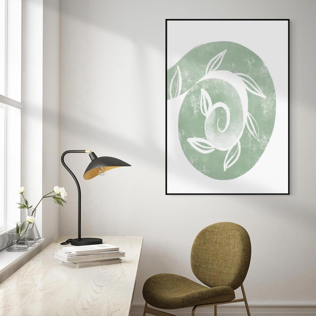 Obraz w ramie 70x100 - Zielony Świat Odpoczynku - abstrakcyjny zielony motyw, skandynawski design - rama czarna