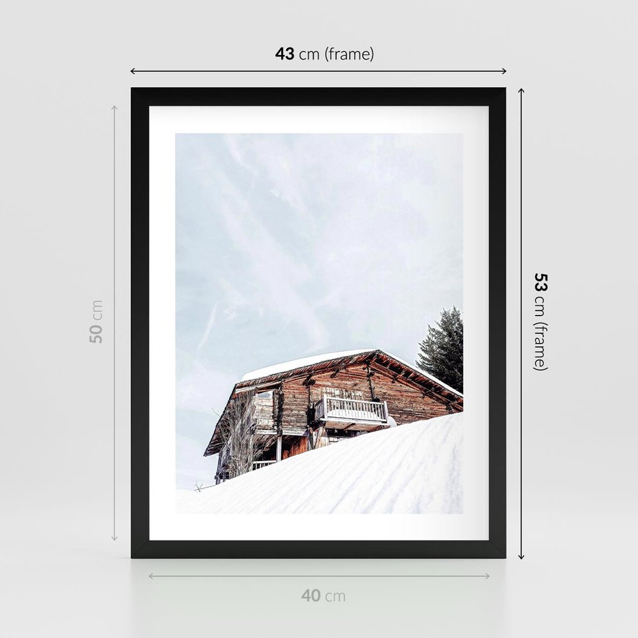 Plakat w ramie 40x50 - Spokój Górskiej Zimy - chatka w górach, domek górski - rama czarna