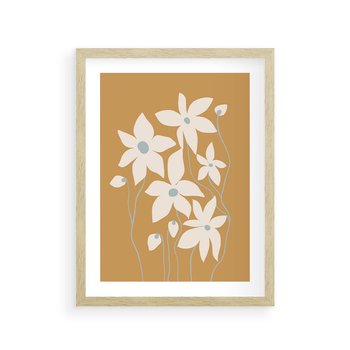 Plakat w ramie 30x40 - Kwiatowy Spektakl - minimalistyczne kwiaty, na pomarańczowym tle - rama drewno