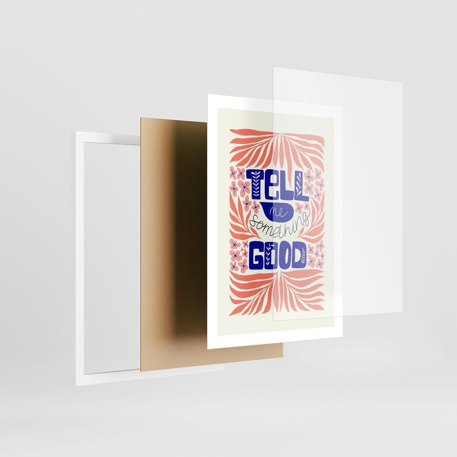 Plakat w ramie 50x70 - Bezgraniczne Formy - nowoczesna typografia, liście - rama biała