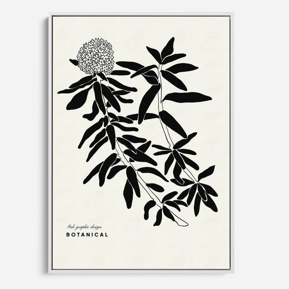 Obraz w ramie 70x100 - Szept kwiatowej wyobraźni - czarno biała grafika, roślinność - rama biała