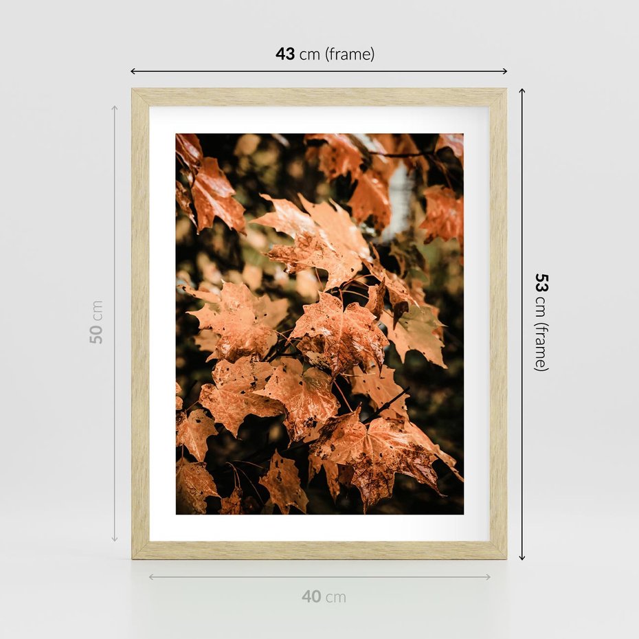 Plakat w ramie 40x50 - Ciepło Jesieni - jesienne pomarańczowe liśćie, jesień - rama drewno