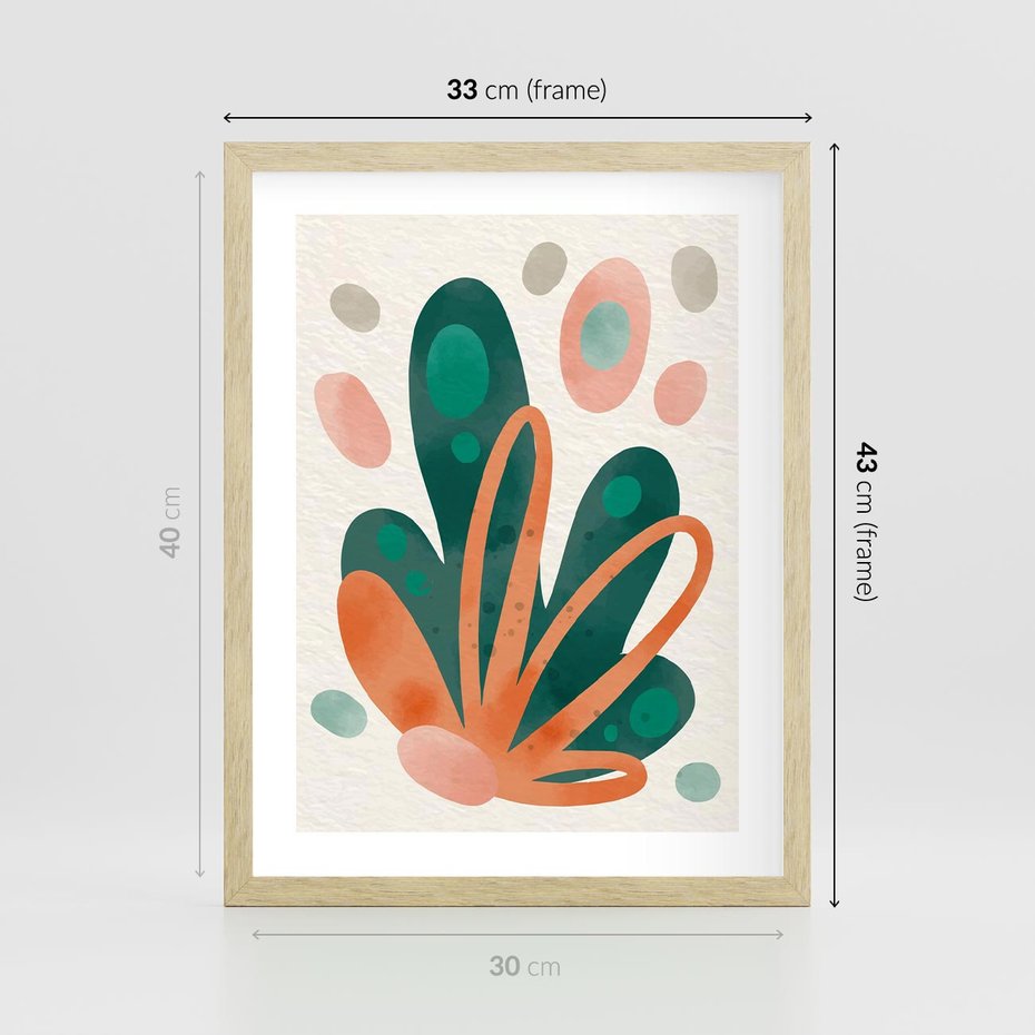 Plakat w ramie 30x40 - Harmonia bez Harmonii - akwarelowe abstrakcyjne kształty, zieleń i pomarańcz - rama drewno