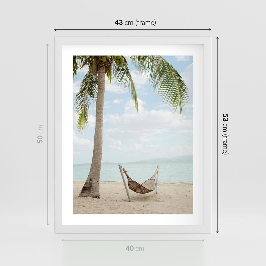 Plakat w ramie 40x50 - Relaks na plaży - palma, hamak - rama biała