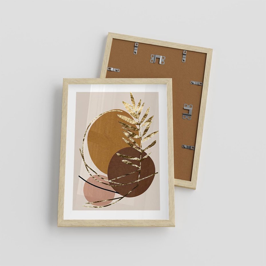 Plakat w ramie 30x40 - Taniec Przenikających Odbić - abstrakcyjny obraz, złote liście palmy - rama drewno