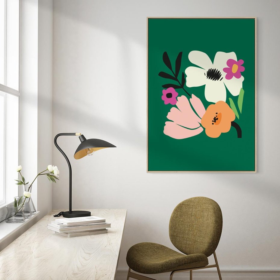 Obraz w ramie 50x70 - Rozbijające Echa - abstrakcyjne kwiaty, zielone tło - rama drewno