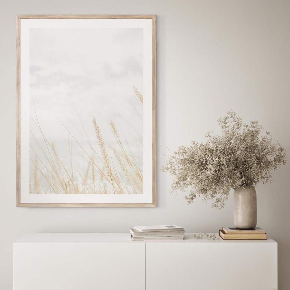 Plakat w ramie 30x40 - Jasna Delikatność: Fotografia Suchych Traw - suche trawy, jasna fotografia - rama drewno