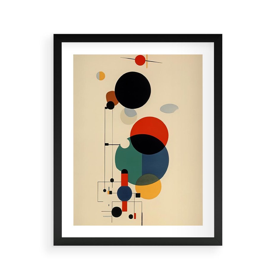 Plakat w ramie 40x50 - Migocące Impresje Odniesień - abstrakcyjna geometryczna kompozycja, koła linie - rama czarna