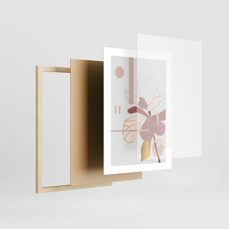 Zestaw obrazy w ramie 30x40 galeria - Złote, liście, pastelowe, nowoczesne - rama drewno
