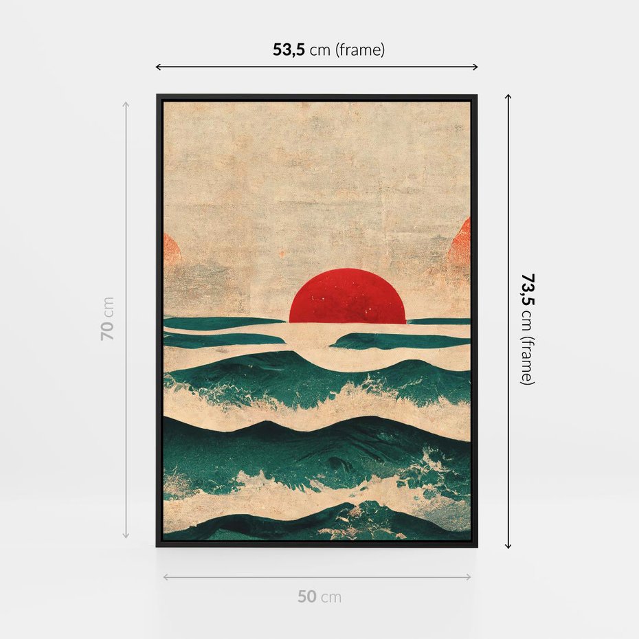 Obraz w ramie 50x70 - Czerwone Melodie - japońska sztuka, zachód słońca nad oceanem - rama czarna