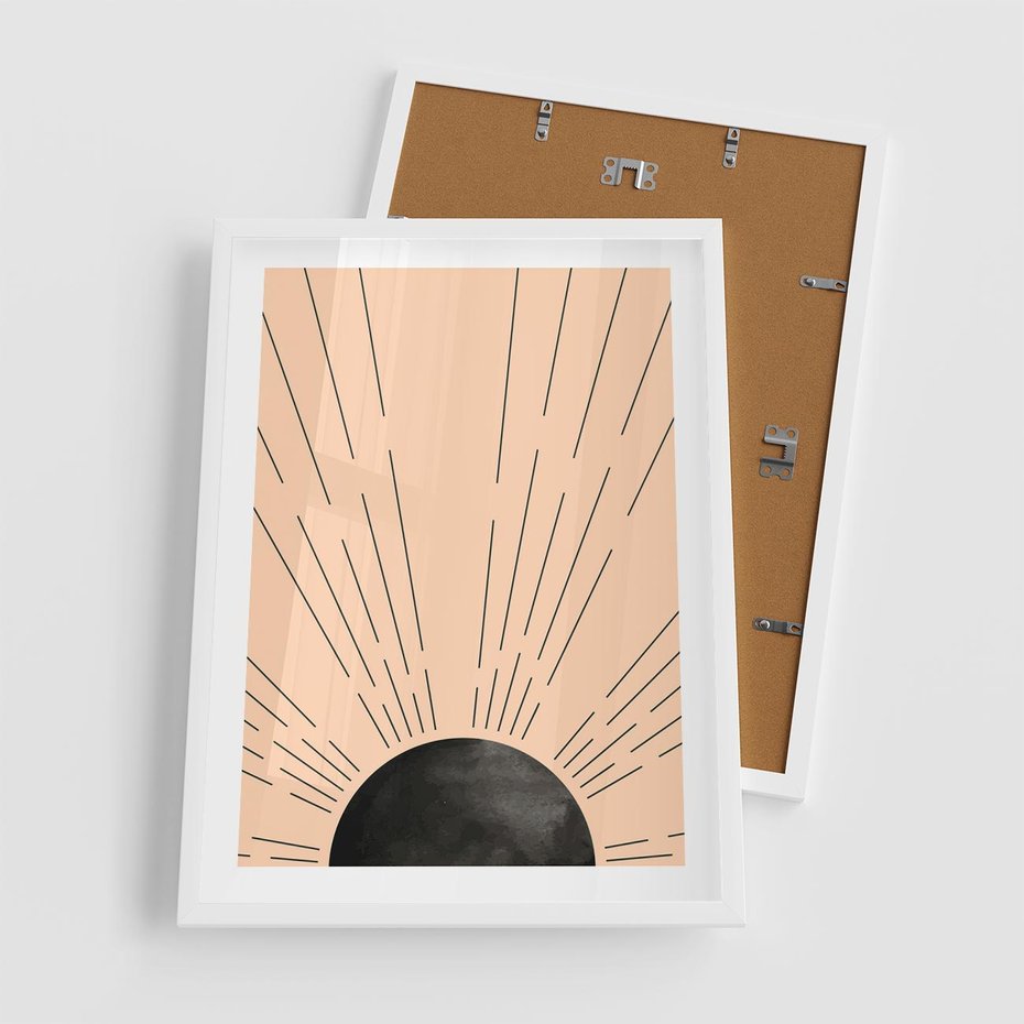 Plakat w ramie 50x70 - Migocące Kształty Promieni - boho czarne słońce, nowoczesna grafika - rama biała