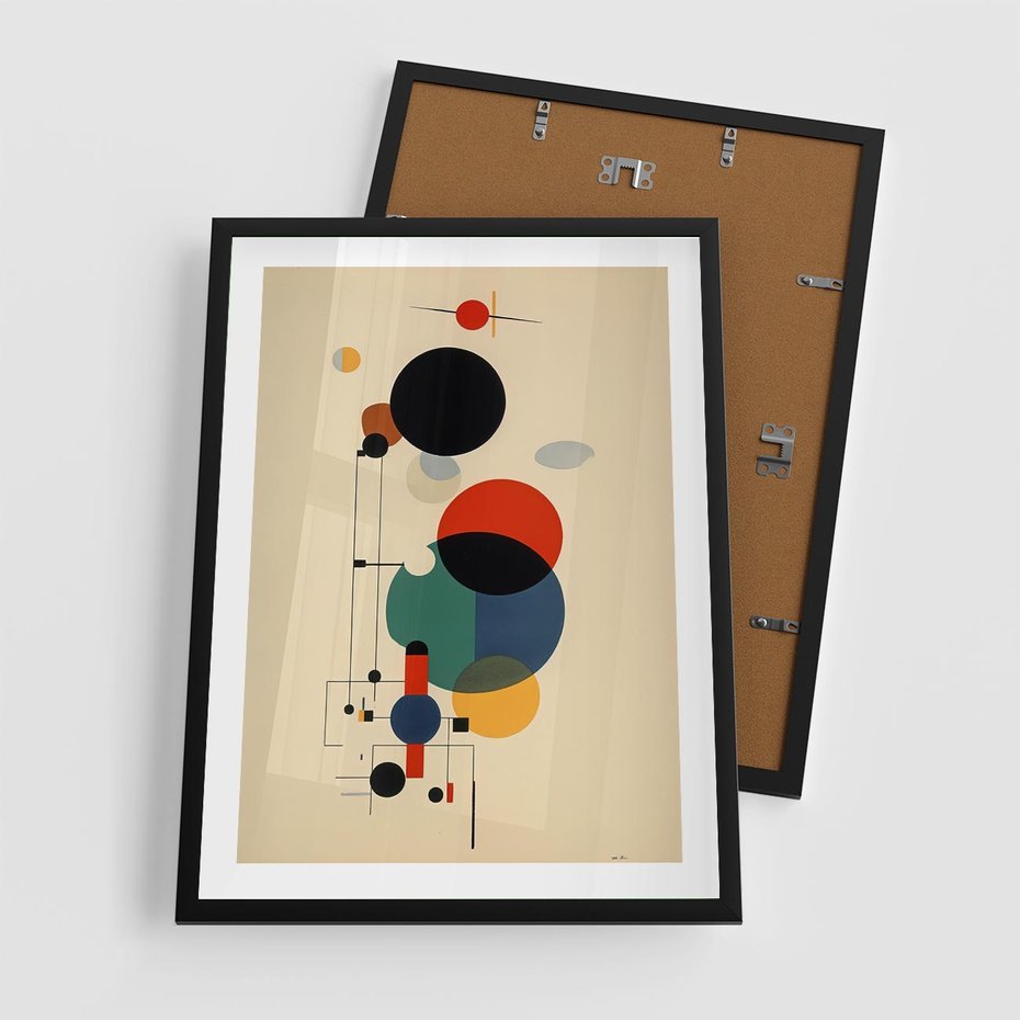 Plakat w ramie 50x70 - Migocące Impresje Odniesień - abstrakcyjna geometryczna kompozycja, koła linie - rama czarna