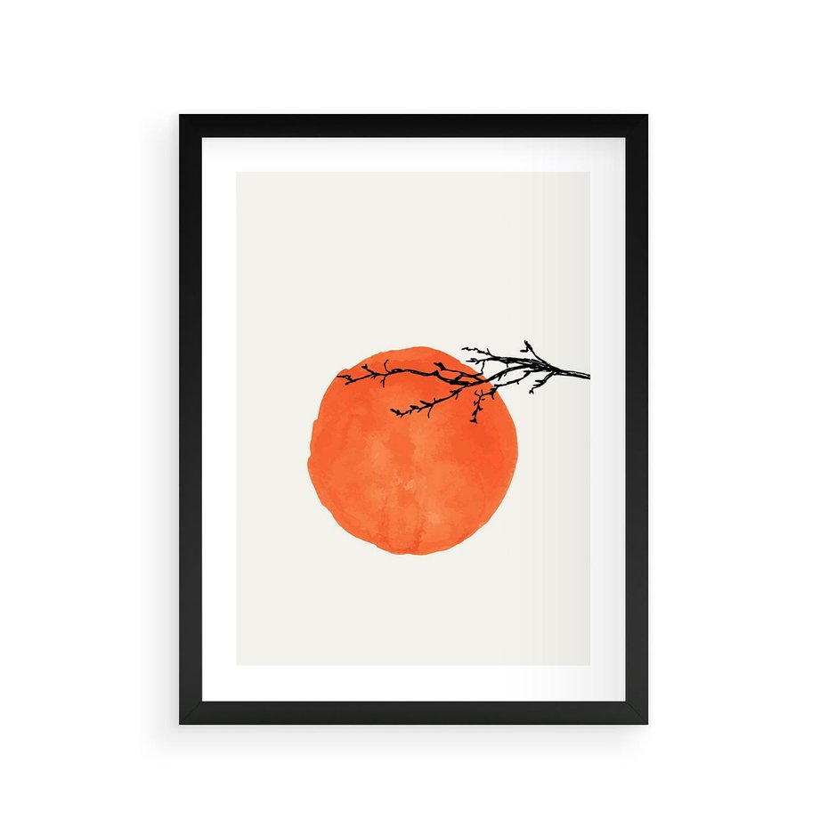 Plakat w ramie 30x40 - Słońce i Gałązka - pomarańczowe słońce, gałązka - rama czarna