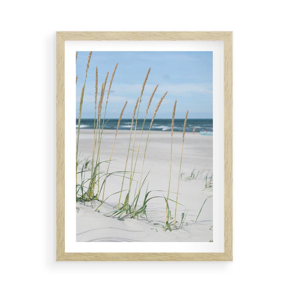 Plakat w ramie 50x70 - Przytulna Śródziemnomorska Trawa - plaża, trawy - rama drewno