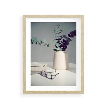 Plakat w ramie 40x50 - Eukaliptusowa Cisza - kompozycja, liście eukaliptusa w wazonie - rama drewno