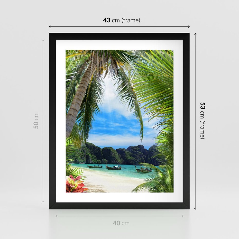 Plakat w ramie 40x50 - Palmy tańczące na tropikalnej plaży - palmy, plaża - rama czarna