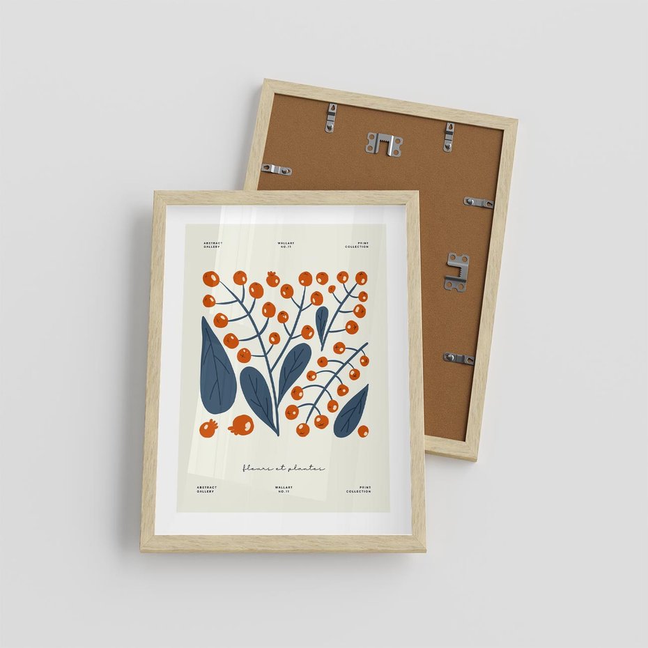 Plakat w ramie 30x40 - Minimalistyczna Uroda Jarzębin - jarzębiny, niebieskie liście - rama drewno