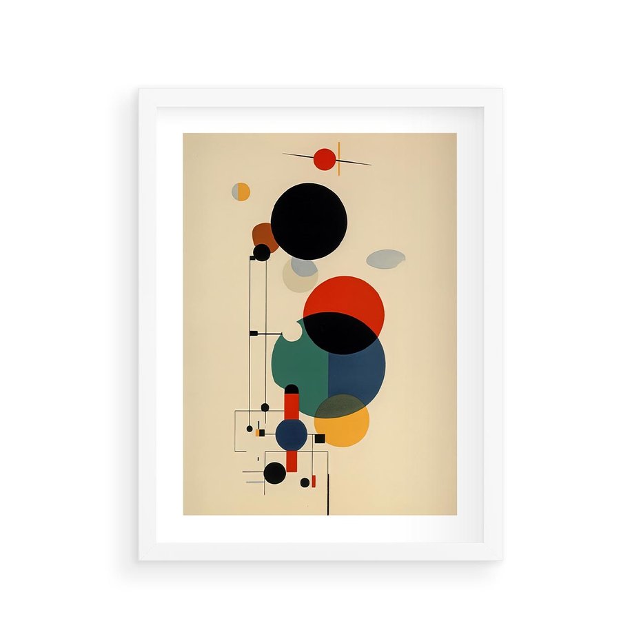 Plakat w ramie 30x40 - Migocące Impresje Odniesień - abstrakcyjna geometryczna kompozycja, koła linie - rama biała