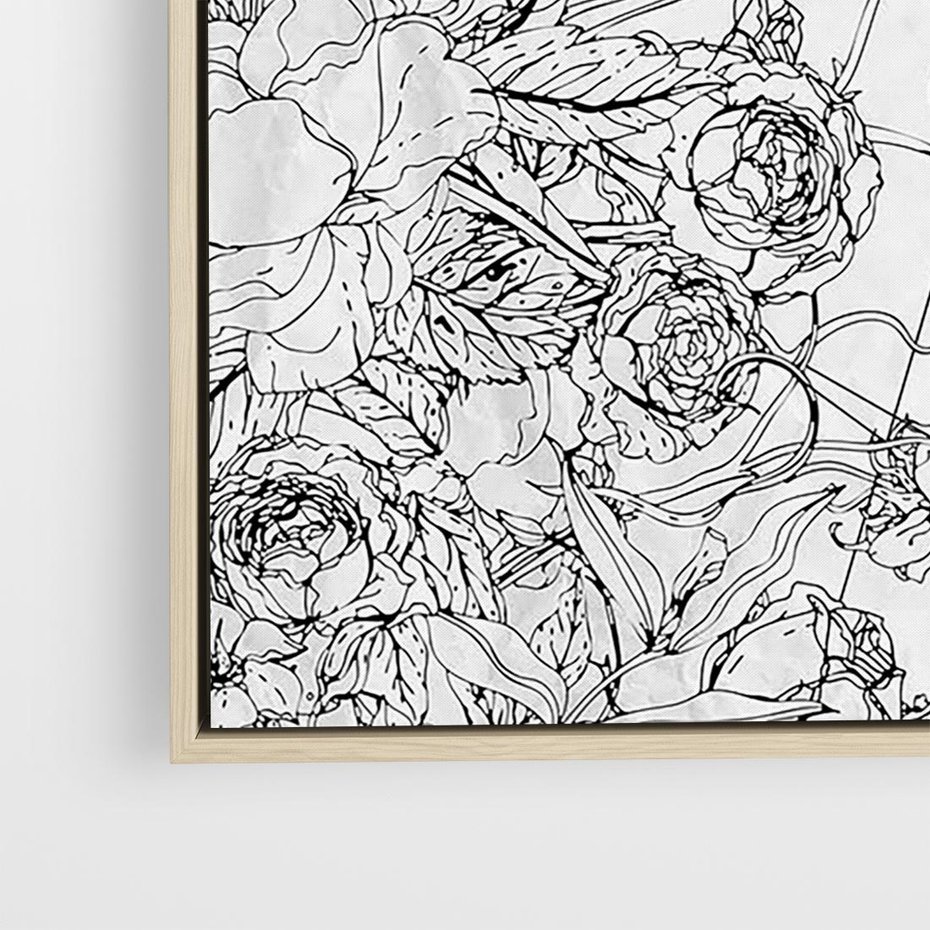 Obraz w ramie 80x80 - Refleksje w martwym punkcie - graficzny szkic, kompozycja kwiatów - rama drewno