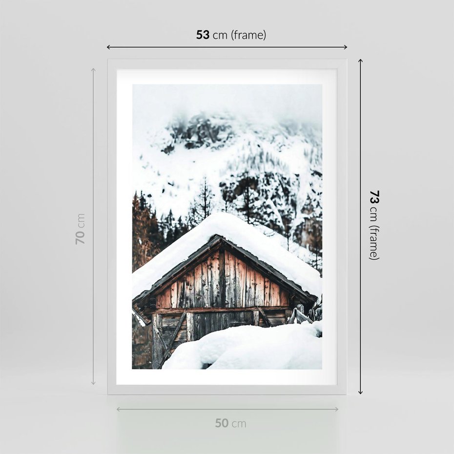 Plakat w ramie 50x70 - Domek w Górach w Białym Odcieniu - zima, domek w górach - rama biała
