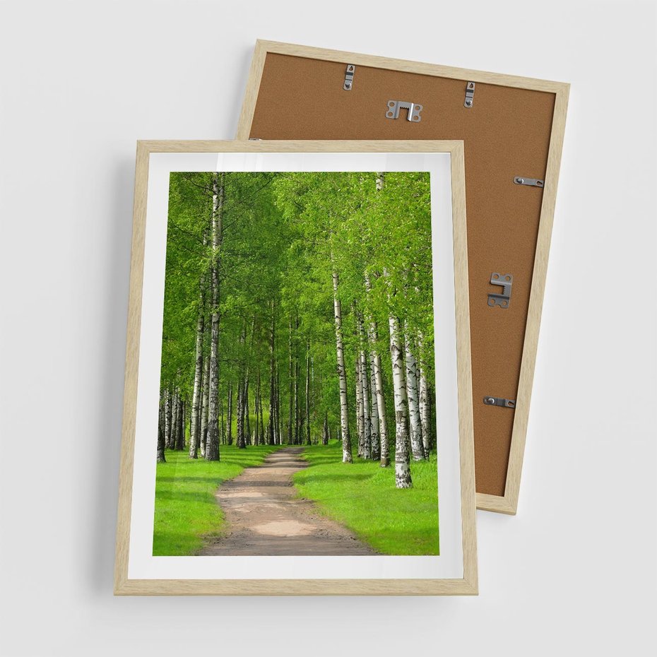 Plakat w ramie 50x70 - Spacer Ścieżką w Urokliwym Lesie - las, ścieżka - rama drewno