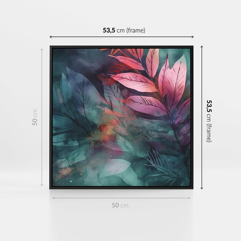 Obraz w ramie 50x50 - Subtelne Zielone - pastelowe zielone liście, róż - rama czarna