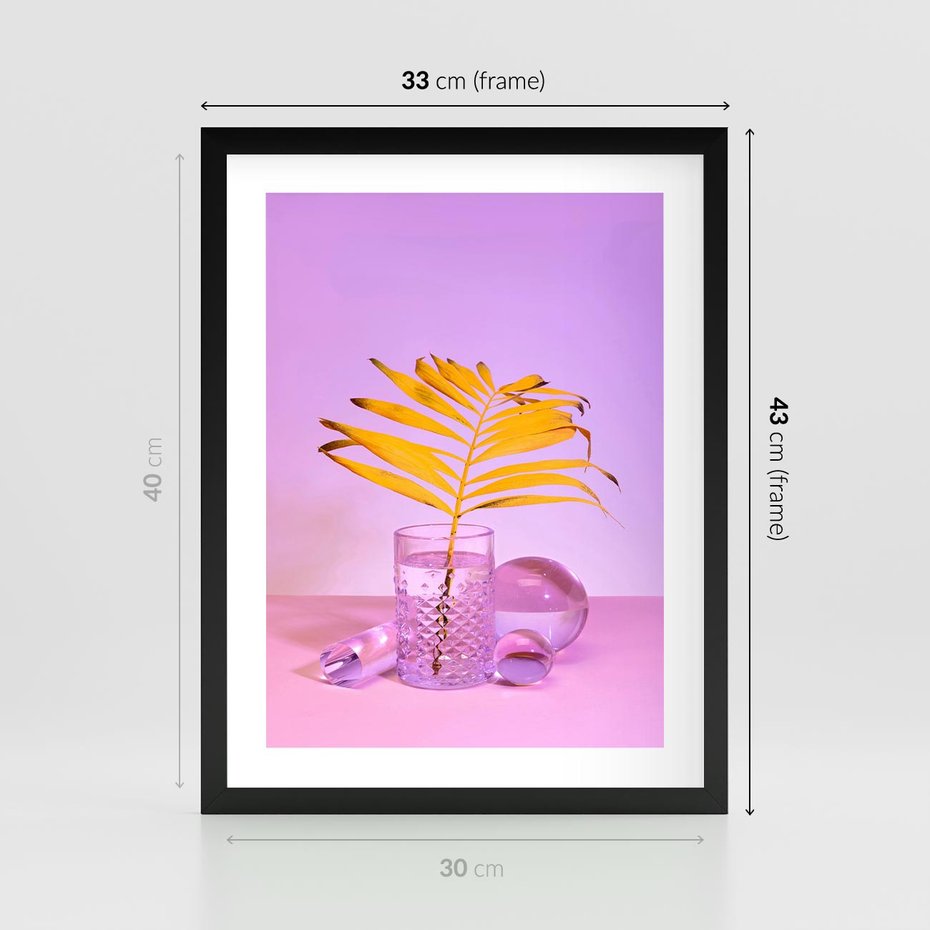 Plakat w ramie 30x40 - Neonowy Liść Palmy na Fotografii - neonowa fotografia, liść palmy w szklance - rama czarna