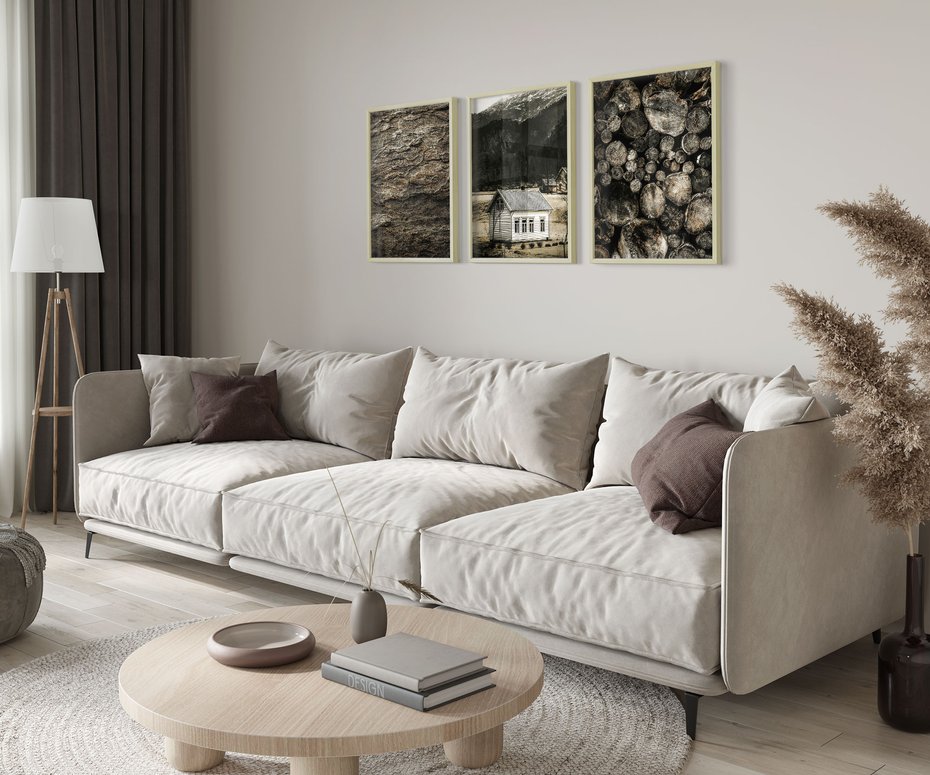 Zestaw obrazy w ramie 50x70 galeria - Sepia, domek, w, górach - rama drewno