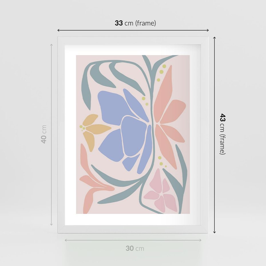 Plakat w ramie 30x40 - Pastele Kwiatowych Plam - pastelowe kwiaty, na beżowym tle - rama biała