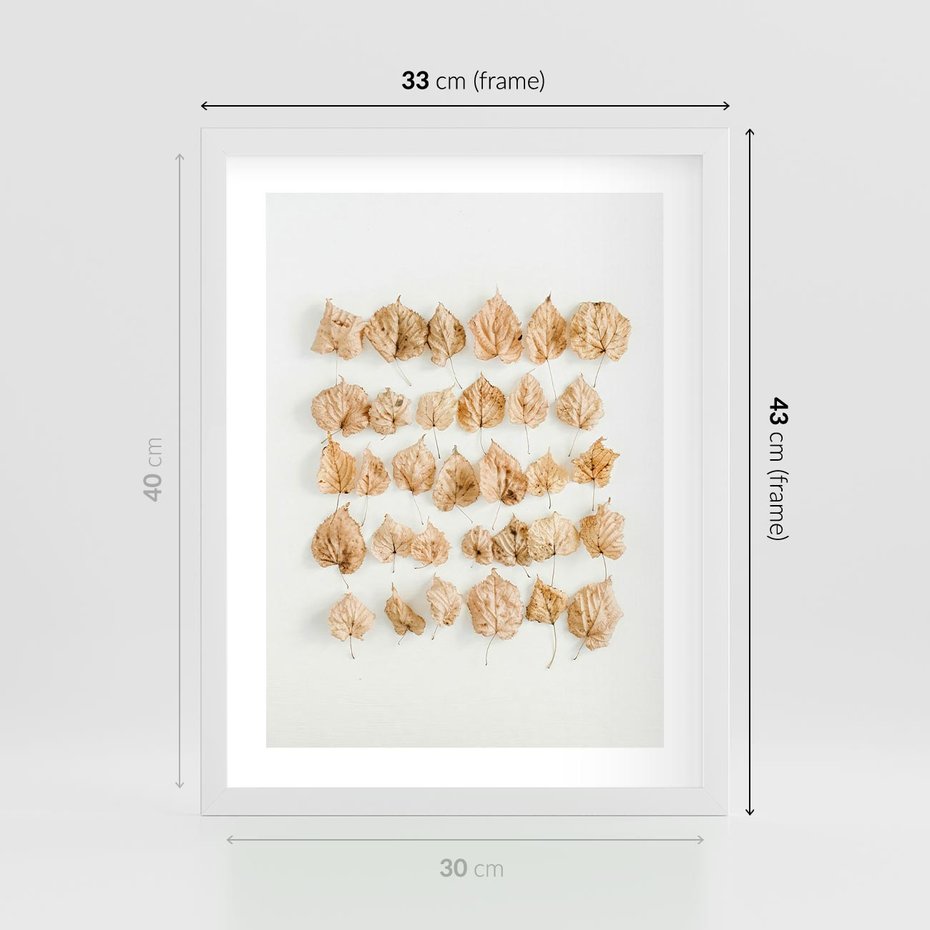 Plakat w ramie 30x40 - Liście Złotego Sezonu - kompozycja z suchych żółtych liści - rama biała