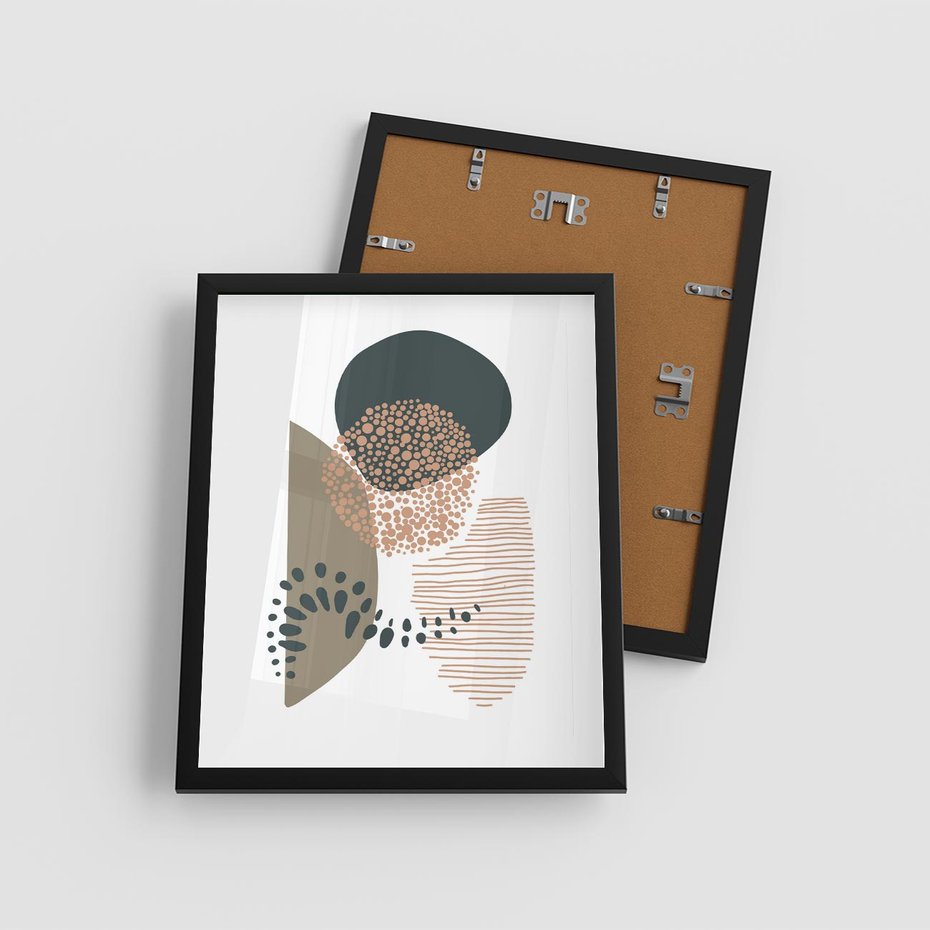 Plakat w ramie 40x50 - Harmonia Akwarelowych Przestrzeni - abstrakcyjna kompozycja z kropek kresek i kółek, odcienie brązu i beżu - rama czarna